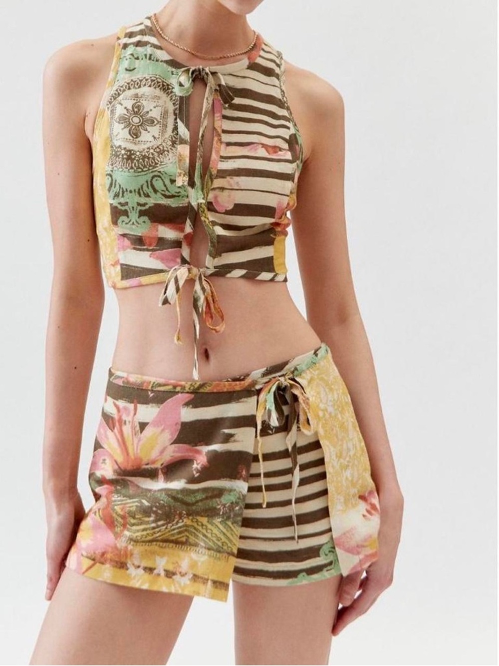 Urban Outfitters Multicolor Patchwork Tie-Front Top - Green, Yellow, Red, Cream